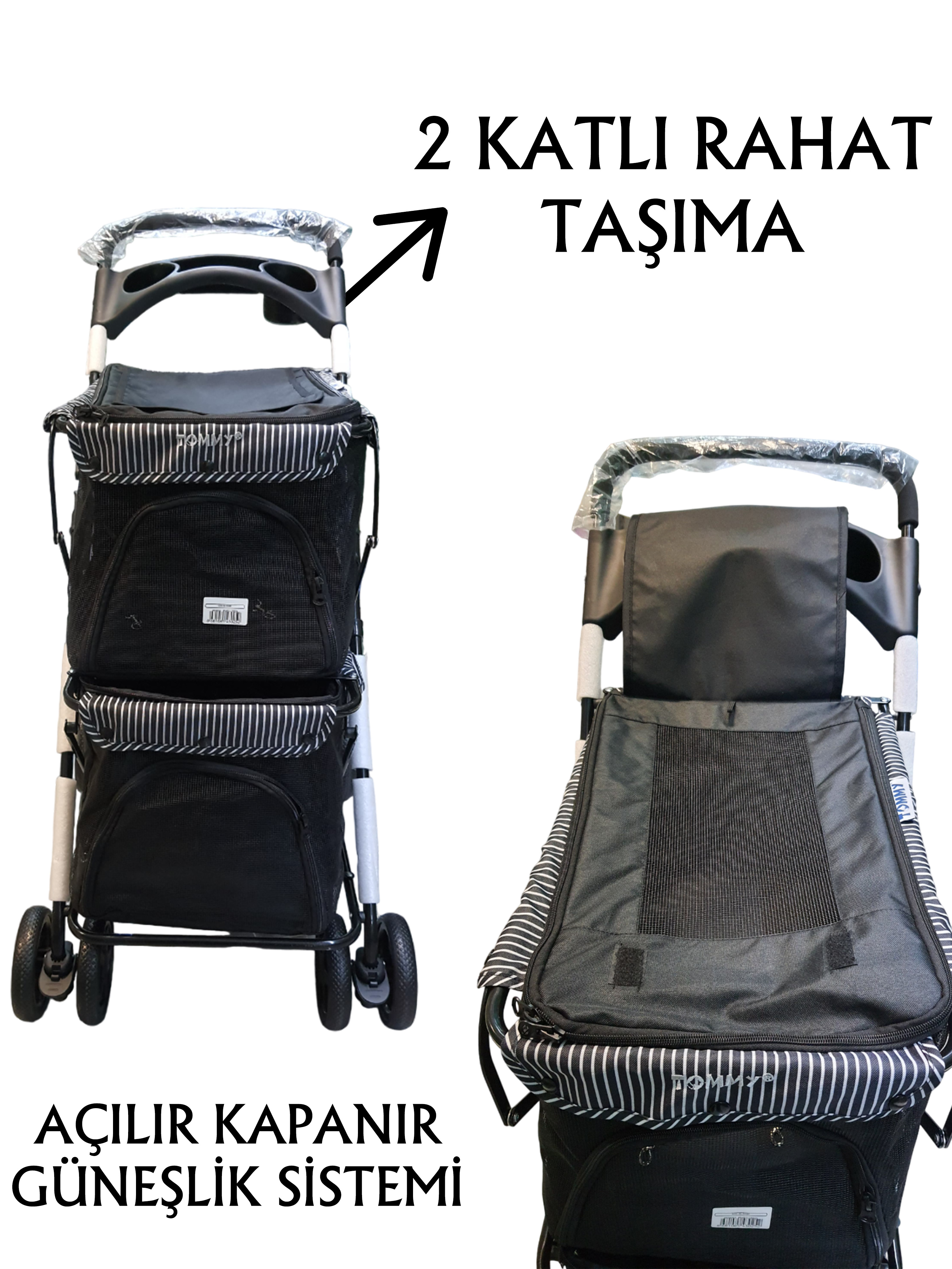 Tommy%20İki%20Katlı%20Evcil%20Hayvan%20Arabası%2085x51x100cm%20Siyah%20Max%2010+10%20Kg