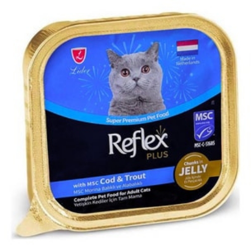 Reflex%20Plus%20Jöle%20İçinde%20Et%20Parçacıklı%20Msc%20Morina%20Balıklı%20Ve%20Alabalıklı%20Yetişkin%20Kedi%20Maması%2085%20G